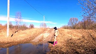 Naked Blonde Russian Teen Walks on the Farm