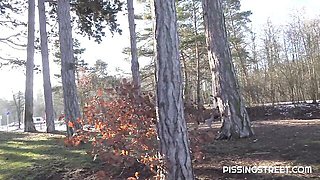 An awesome solo pissing in the forest with a passionate blonde Lara Fox
